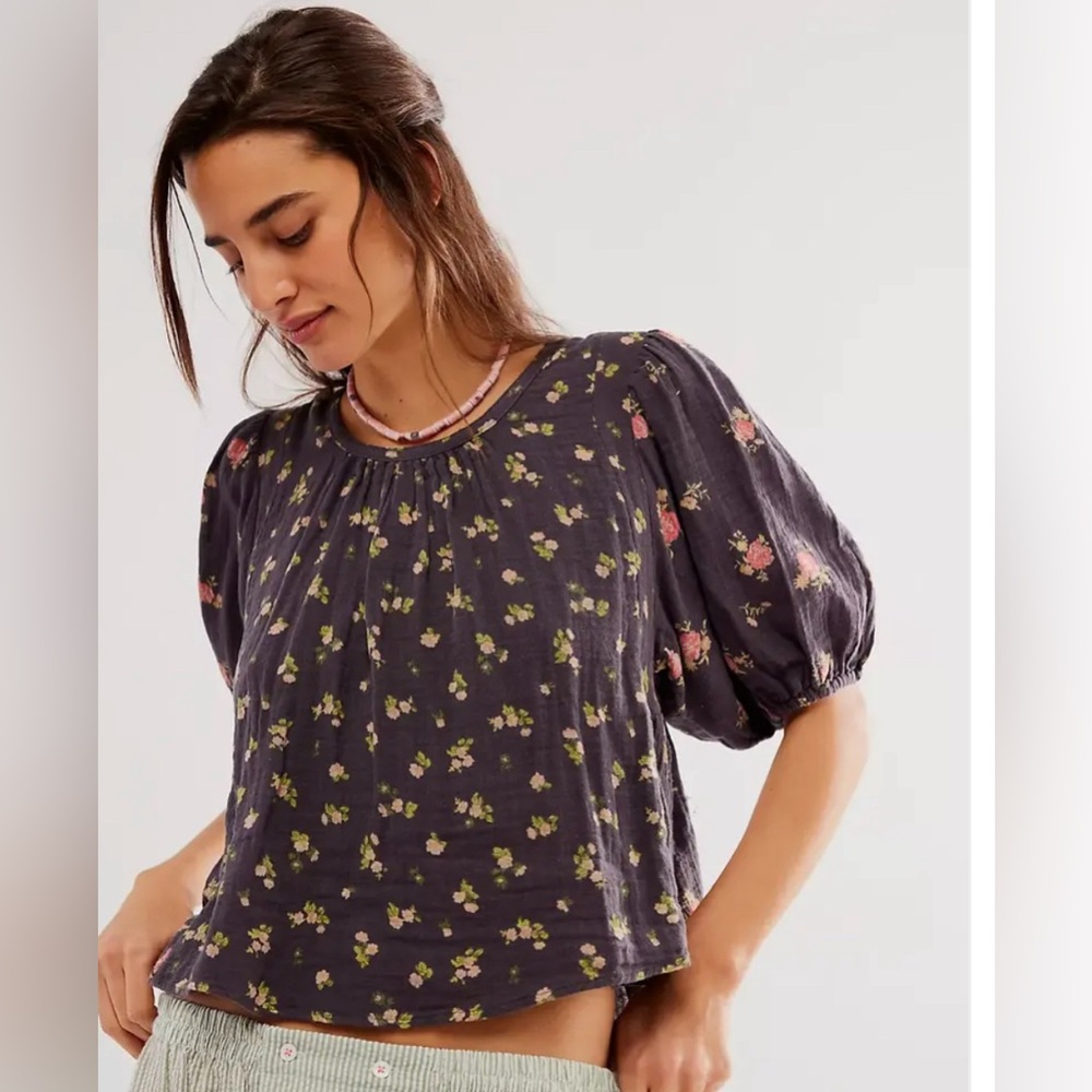 Free People Charcoal Floral Open-Back Tie Peplum Top - Picture 4 of 6